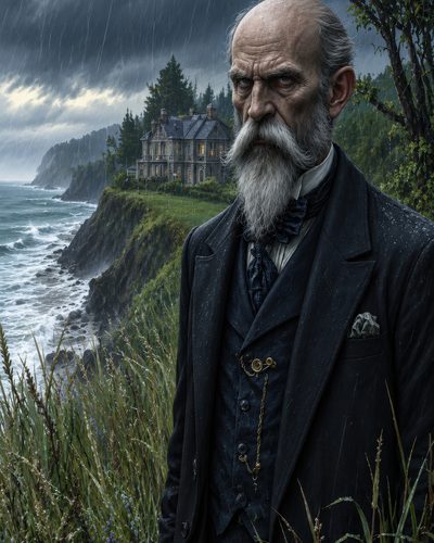 GRID THUMBNAIL — Stern elderly man with white beard in a rain-soaked Victorian suit stands on a coastal cliff as waves crash below and a manor looms behind.