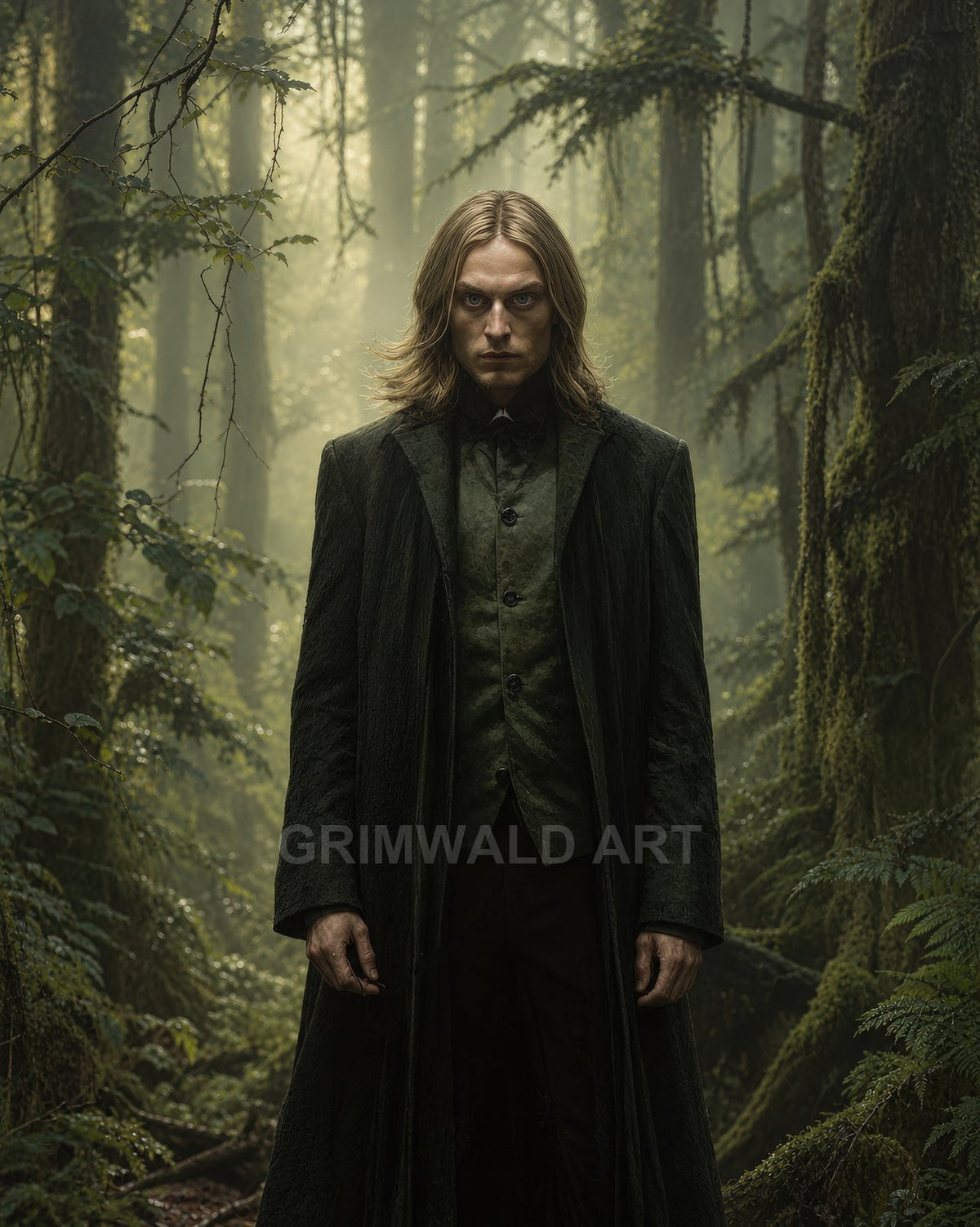 A pale, long-haired man in a dark green coat stands in a misty, moss-draped forest, staring intensely amid shafts of daylight.