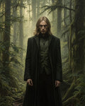 GRID THUMBNAIL — A pale, long-haired man in a dark green coat stands in a misty, moss-draped forest, staring intensely amid shafts of daylight.
