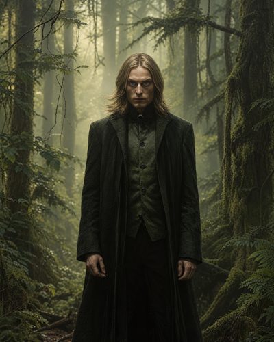 GRID THUMBNAIL — A pale, long-haired man in a dark green coat stands in a misty, moss-draped forest, staring intensely amid shafts of daylight.