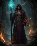GRID THUMBNAIL — Hooded warlock with red eyes holds a skull-topped staff radiating teal magic, standing amid candles and stone columns in a shadowed cathedral.