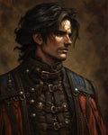GRID THUMBNAIL — Side-profile portrait of a dark-haired male warrior wearing ornate buckled leather armour with red and blue accents against a textured warm brown background.