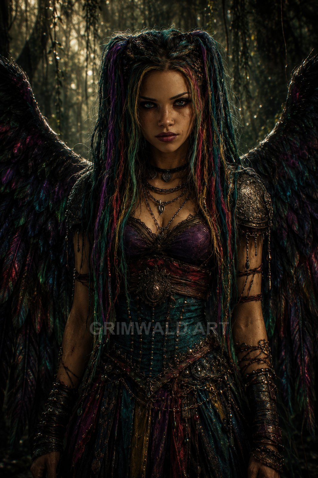 Dark fantasy portrait of a winged fae woman with multicoloured braids and ornate armour, standing in a shadowy forest at twilight.