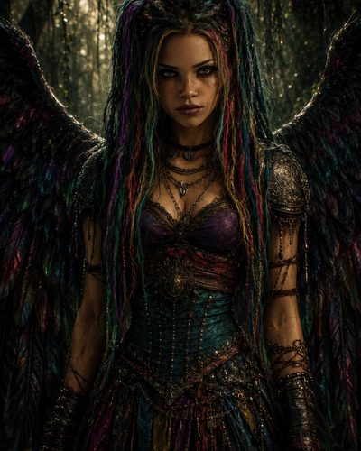 GRID THUMBNAIL — Dark fantasy portrait of a winged fae woman with multicoloured braids and ornate armour, standing in a shadowy forest at twilight.