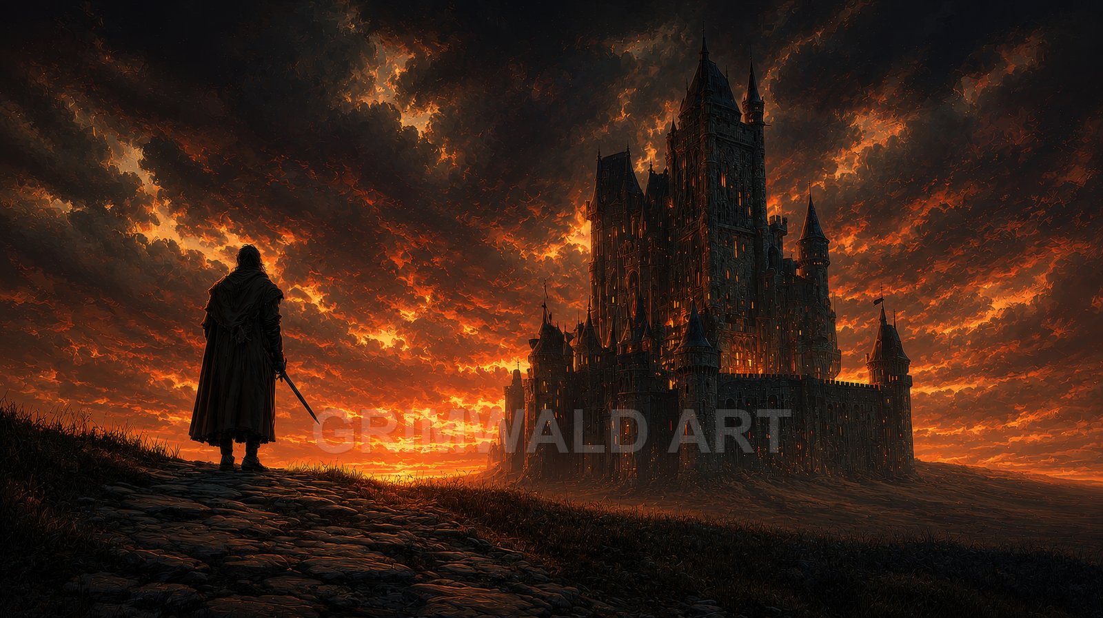 Cloaked figure with sword stands on cobbled path facing a towering gothic castle under a blazing orange sunset sky with dramatic clouds.