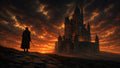 GRID THUMBNAIL — Cloaked figure with sword stands on cobbled path facing a towering gothic castle under a blazing orange sunset sky with dramatic clouds.