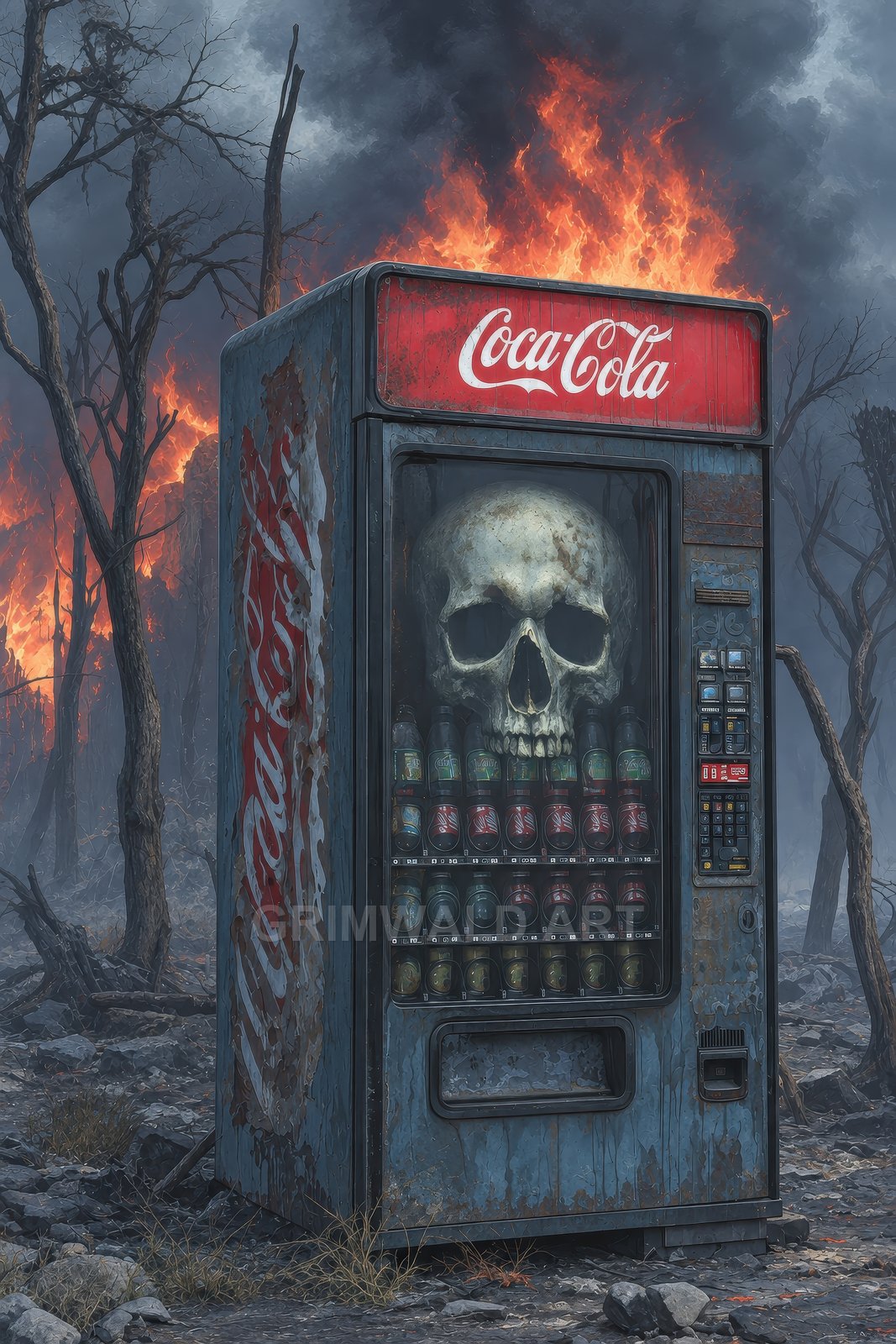 A rusted soda vending machine stands in a burnt forest, flames roaring behind, with a giant skull looming inside the glass front.