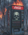 GRID THUMBNAIL — A rusted soda vending machine stands in a burnt forest, flames roaring behind, with a giant skull looming inside the glass front.