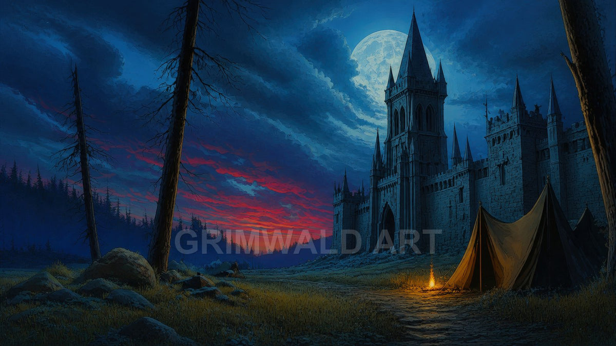 A moonlit gothic castle rises beside a dark forest, with canvas tents and a small campfire on a grassy path under dramatic twilight clouds.