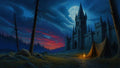 GRID THUMBNAIL — A moonlit gothic castle rises beside a dark forest, with canvas tents and a small campfire on a grassy path under dramatic twilight clouds.