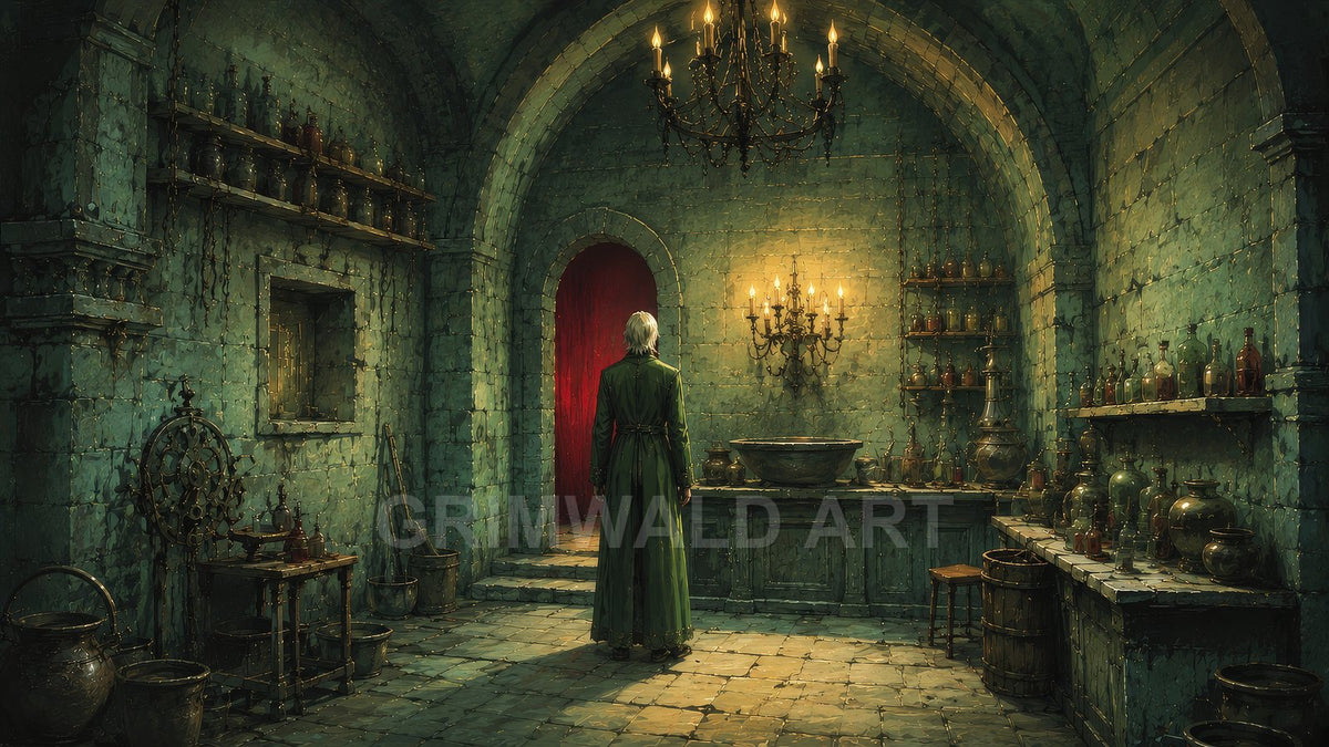 Candlelit stone alchemy laboratory with arched ceiling, shelves of glass bottles, a large basin and a lone robed figure before a red doorway.