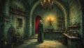 GRID THUMBNAIL — Candlelit stone alchemy laboratory with arched ceiling, shelves of glass bottles, a large basin and a lone robed figure before a red doorway.