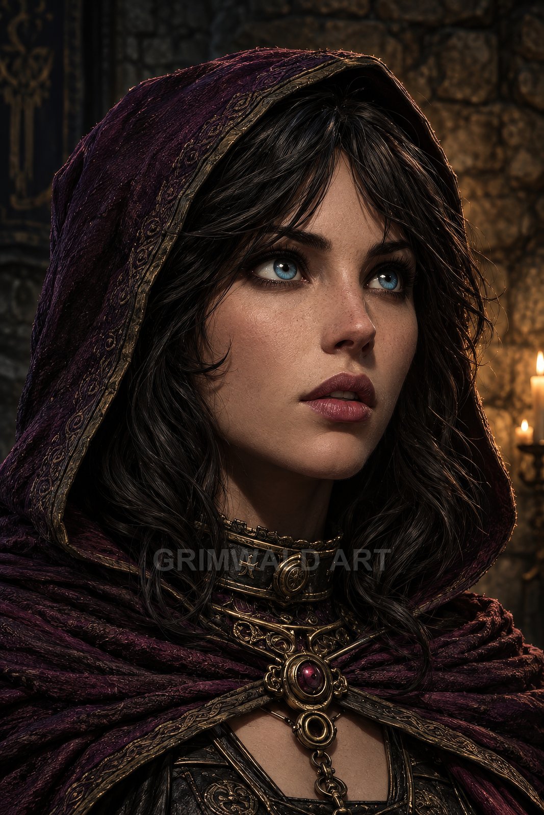 Close-up of a hooded female mage with blue eyes and ornate gold jewellery, purple cloak, and candles glowing against a stone interior.
