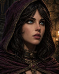 GRID THUMBNAIL — Close-up of a hooded female mage with blue eyes and ornate gold jewellery, purple cloak, and candles glowing against a stone interior.