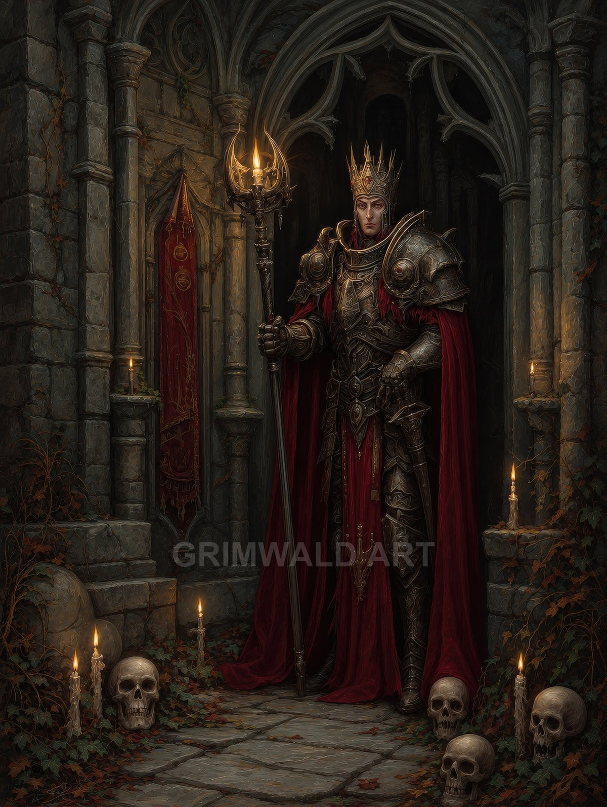 Armoured king with crown and red cloak stands in a candlelit gothic hall, holding a glowing staff, surrounded by skulls and ivy-covered stone.