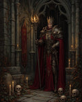 GRID THUMBNAIL — Armoured king with crown and red cloak stands in a candlelit gothic hall, holding a glowing staff, surrounded by skulls and ivy-covered stone.