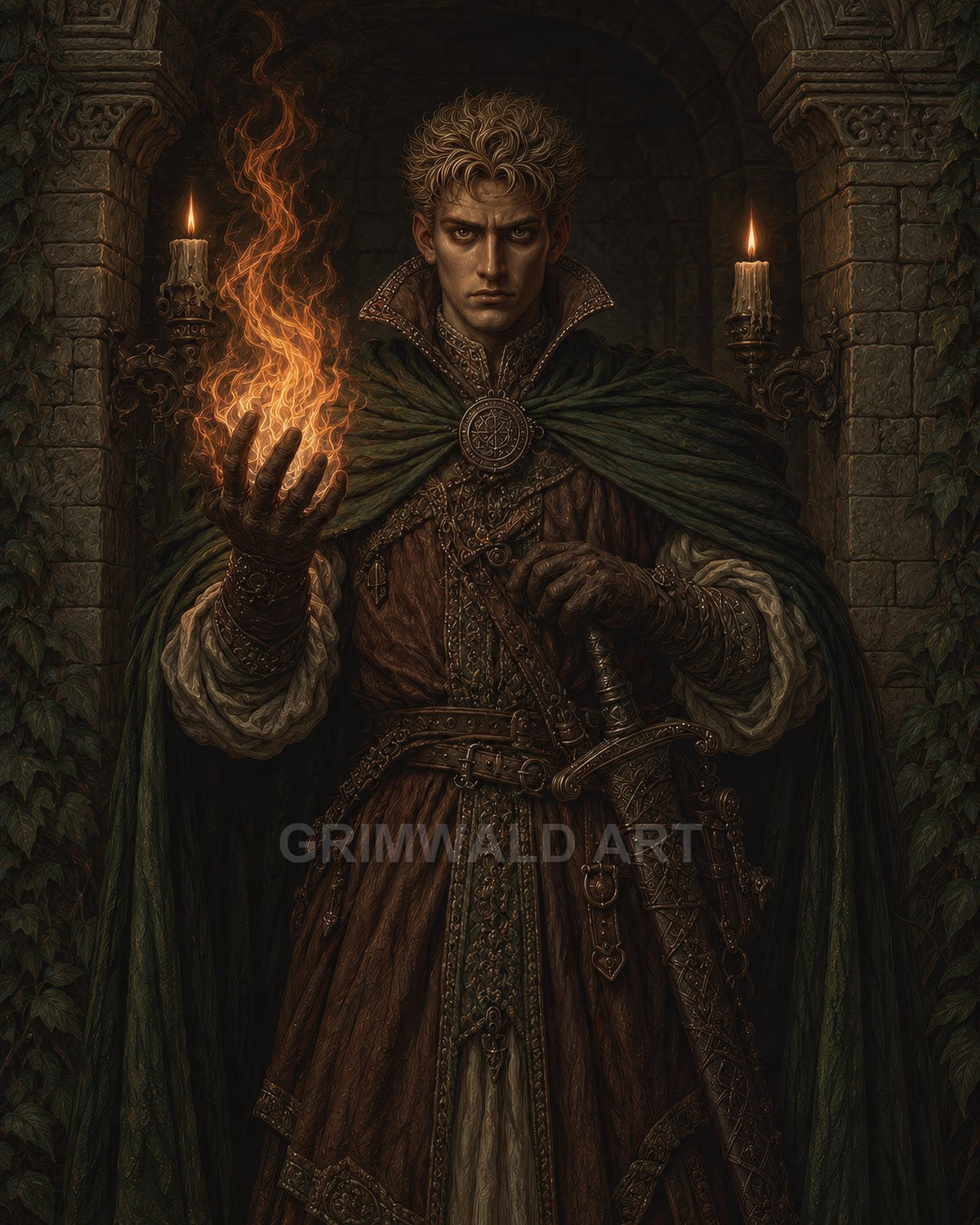 A stern male mage in ornate robes conjures a flame in his gloved hand, standing by candles within a carved stone archway, sword sheathed.