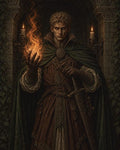 GRID THUMBNAIL — A stern male mage in ornate robes conjures a flame in his gloved hand, standing by candles within a carved stone archway, sword sheathed.