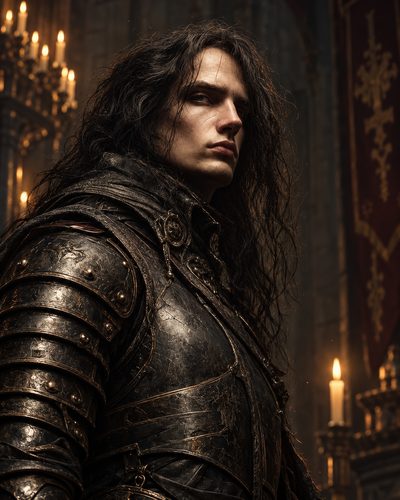 GRID THUMBNAIL — Brooding male knight in weathered black plate armour stands in a candlelit castle hall, with gothic banners and chandeliers behind.