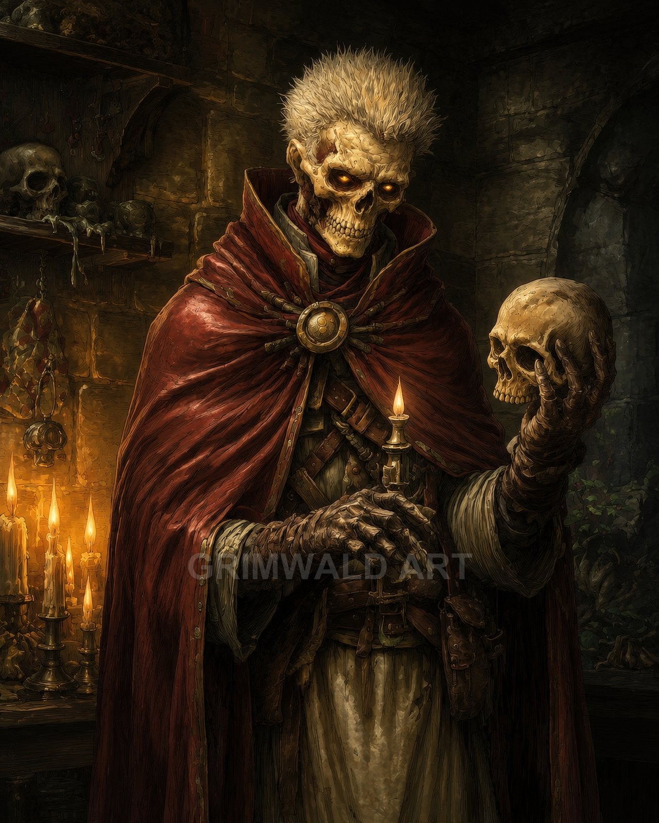 Skeletal necromancer in a red cloak holds a skull and candle within a candlelit stone chamber, glowing eyes staring amid shelves of bones.