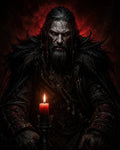 GRID THUMBNAIL — A grim male warlock with glowing red eyes, draped in a ragged fur cloak and chains, illuminated by a single red candle.