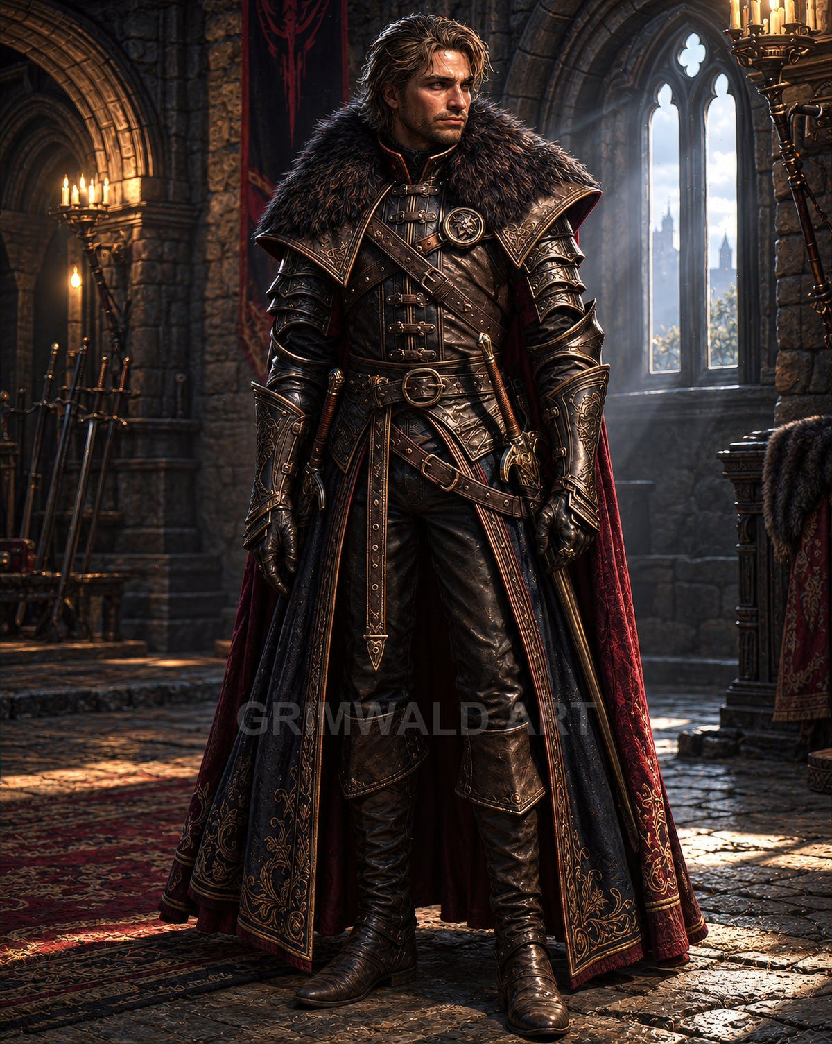 A male knight in ornate leather armour and fur mantle stands in a candlelit castle hall, red-trimmed cloak and sword at his side.