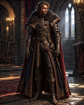GRID THUMBNAIL — A male knight in ornate leather armour and fur mantle stands in a candlelit castle hall, red-trimmed cloak and sword at his side.