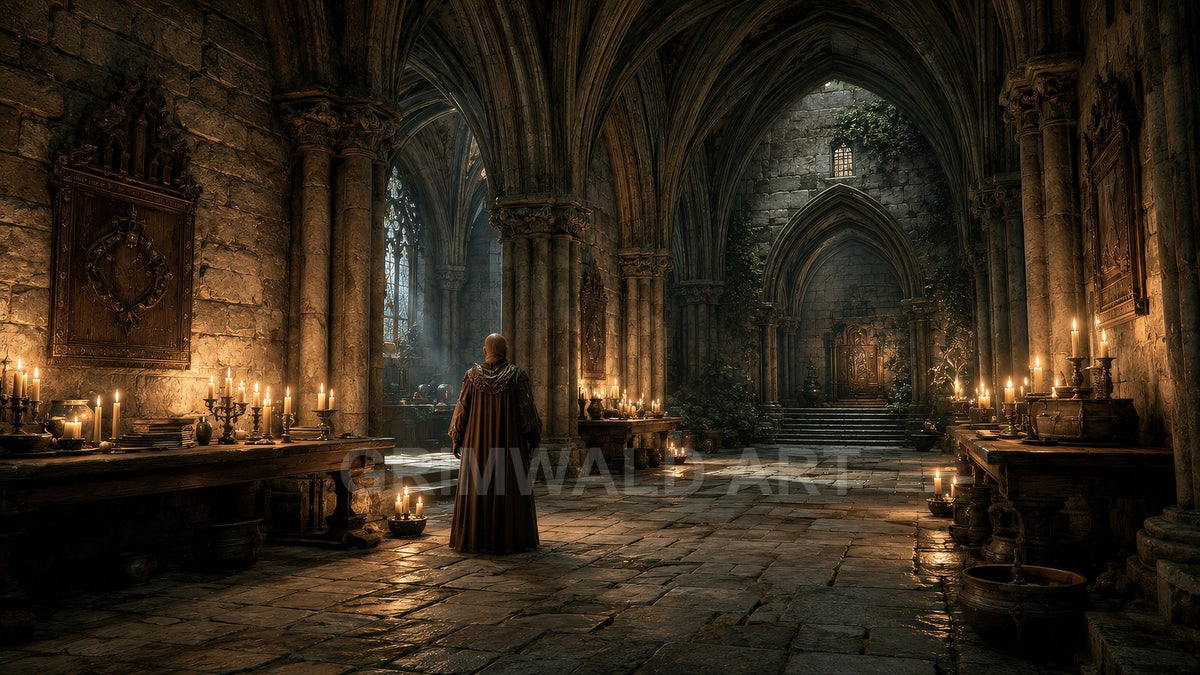 A robed figure stands in a vast candlelit cathedral nave, stone arches and wooden tables lined with candles leading to an ornate door.