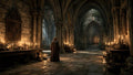 GRID THUMBNAIL — A robed figure stands in a vast candlelit cathedral nave, stone arches and wooden tables lined with candles leading to an ornate door.