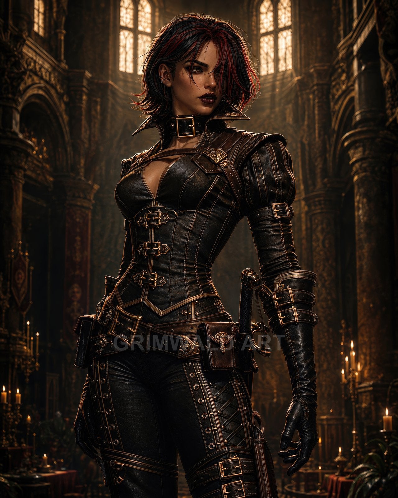 A leather-clad female rogue stands in a candlelit cathedral, brass-buckled armour, holstered pistol and dagger, dark hair with red streaks.