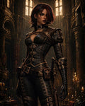 GRID THUMBNAIL — A leather-clad female rogue stands in a candlelit cathedral, brass-buckled armour, holstered pistol and dagger, dark hair with red streaks.