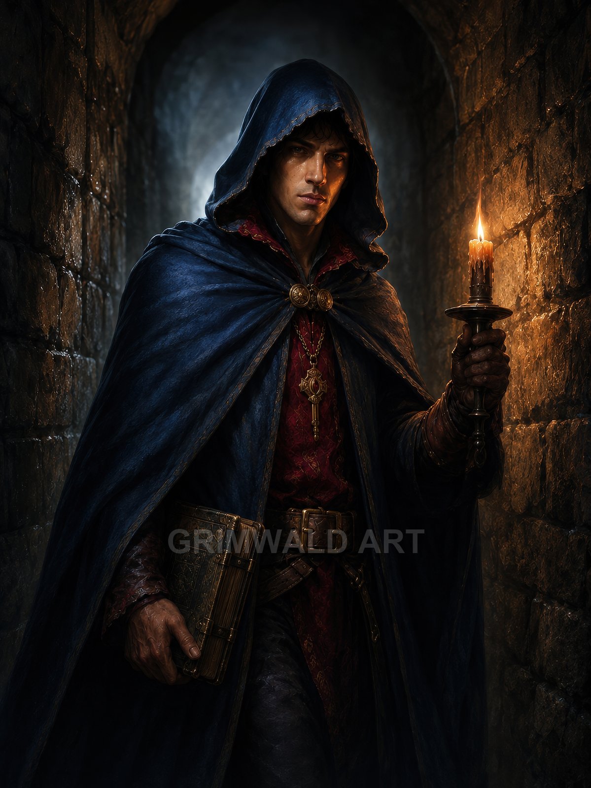 Hooded man in a blue cloak holds a candle and old book while walking through a dark, narrow stone corridor.
