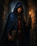GRID THUMBNAIL — Hooded man in a blue cloak holds a candle and old book while walking through a dark, narrow stone corridor.