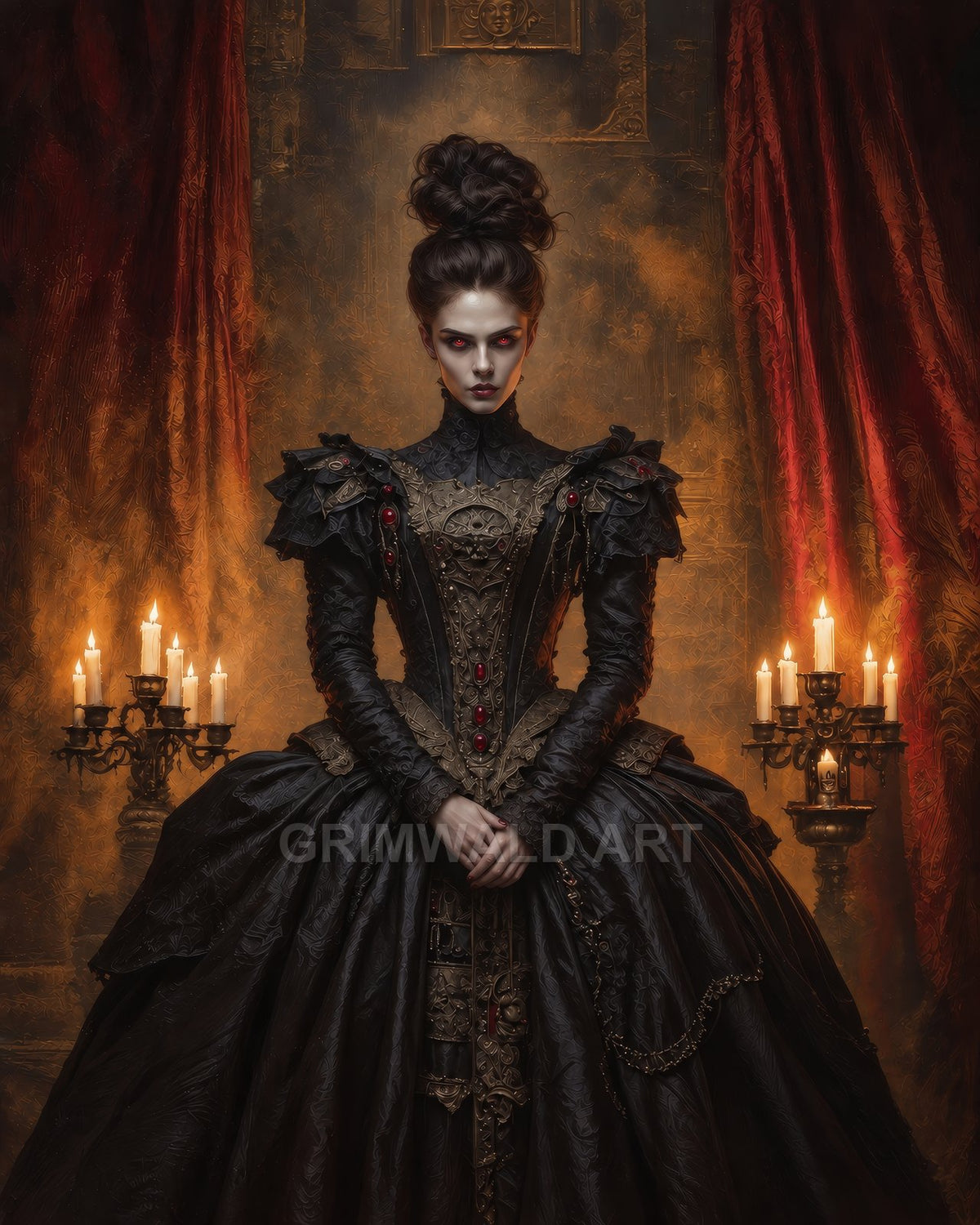 A pale, red-eyed vampire noblewoman in ornate black gothic gown stands between candelabras, candlelit drapery and dark interior, staring forward with poised menace.
