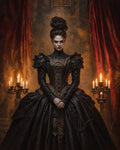 GRID THUMBNAIL — A pale, red-eyed vampire noblewoman in ornate black gothic gown stands between candelabras, candlelit drapery and dark interior, staring forward with poised menace.