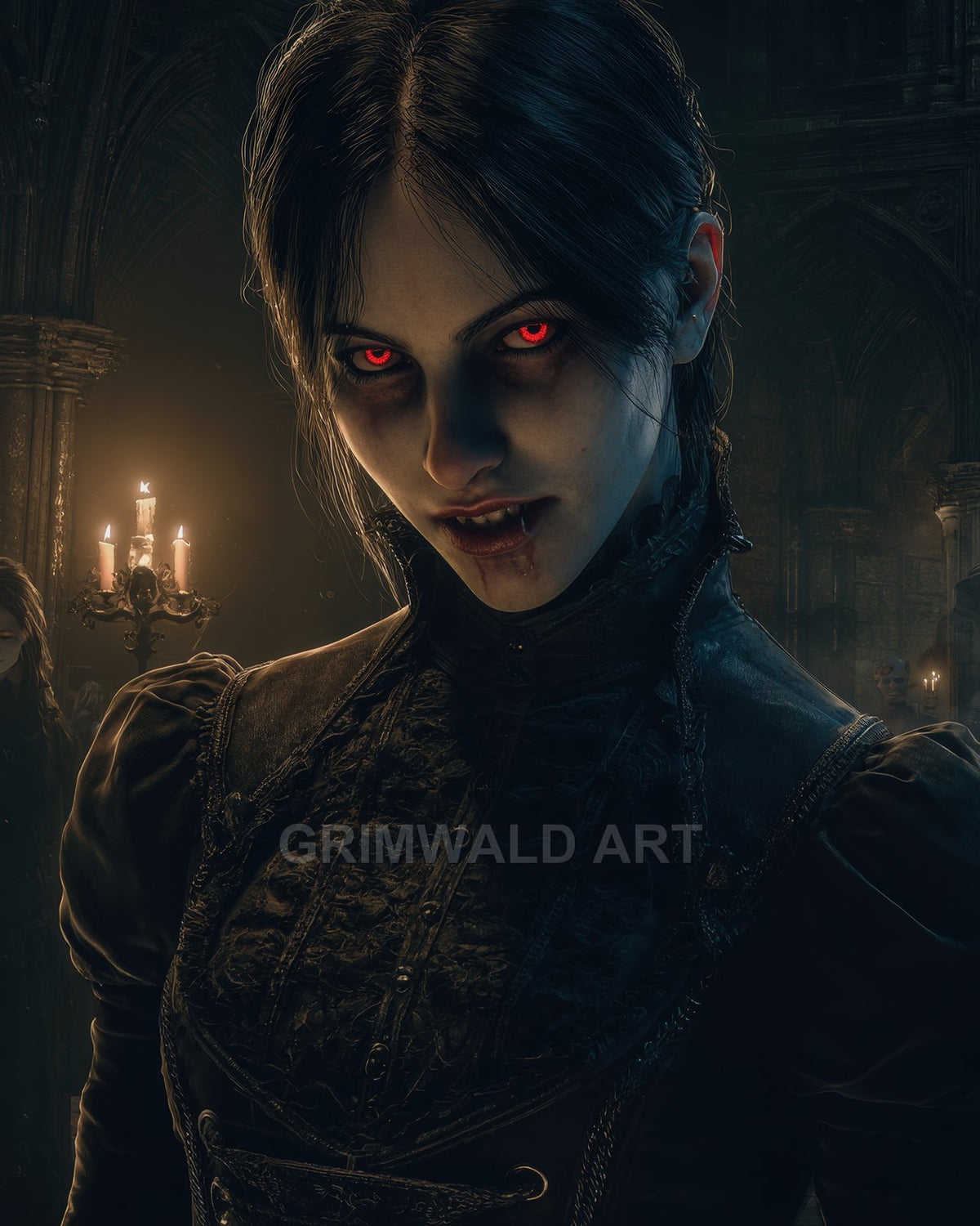 Close-up portrait of a female vampire with glowing red eyes and fangs in a candlelit gothic cathedral interior, wearing dark Victorian clothing.