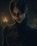 GRID THUMBNAIL — Close-up portrait of a female vampire with glowing red eyes and fangs in a candlelit gothic cathedral interior, wearing dark Victorian clothing.