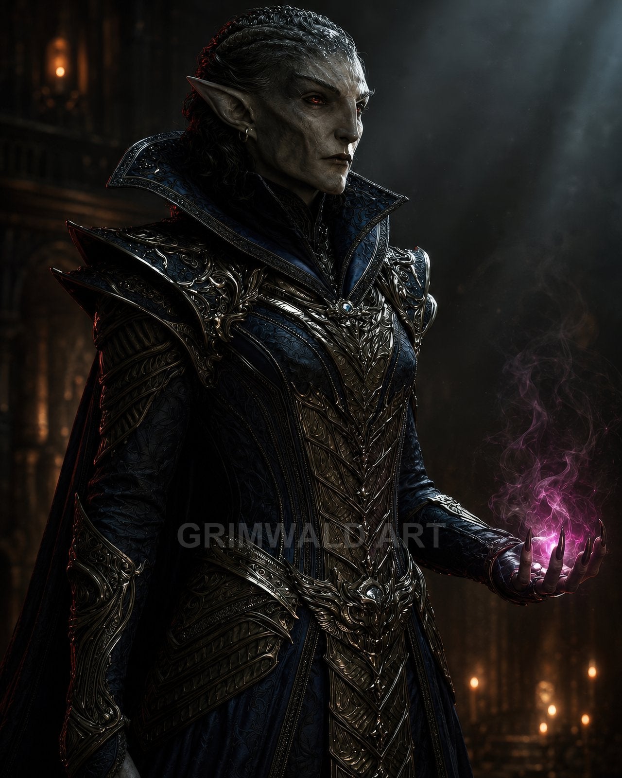 Armoured elven sorcerer with red eyes holds a glowing purple orb in a dim cathedral interior, lit by candles and shafts of light.