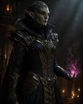 GRID THUMBNAIL — Armoured elven sorcerer with red eyes holds a glowing purple orb in a dim cathedral interior, lit by candles and shafts of light.