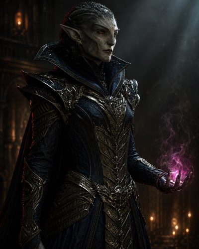 GRID THUMBNAIL — Armoured elven sorcerer with red eyes holds a glowing purple orb in a dim cathedral interior, lit by candles and shafts of light.