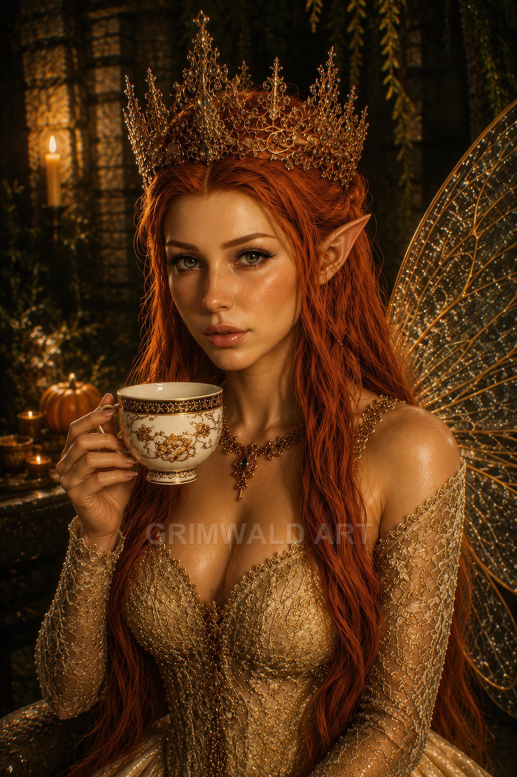 Red-haired fairy queen in a gold crown and gown holds an ornate teacup, wings shimmering in a candlelit stone interior with pumpkins and greenery.