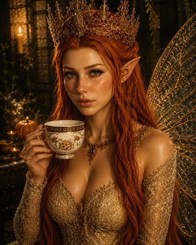 GRID THUMBNAIL — Red-haired fairy queen in a gold crown and gown holds an ornate teacup, wings shimmering in a candlelit stone interior with pumpkins and greenery.