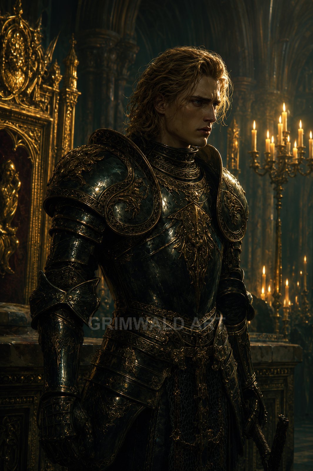 A blonde male knight in ornate black-and-gold armour stands by a gilded throne in a candlelit gothic hall, gripping a sheathed sword.