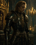 GRID THUMBNAIL — A blonde male knight in ornate black-and-gold armour stands by a gilded throne in a candlelit gothic hall, gripping a sheathed sword.