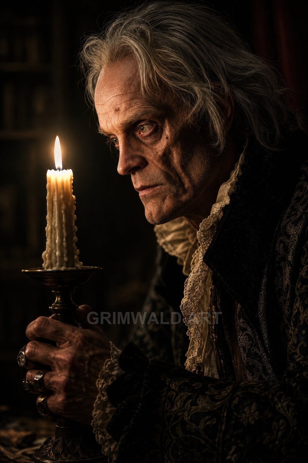 Elderly aristocrat in ornate black coat holds a tall candle, his lined face lit by flame against a shadowed interior.