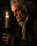 GRID THUMBNAIL — Elderly aristocrat in ornate black coat holds a tall candle, his lined face lit by flame against a shadowed interior.
