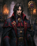 GRID THUMBNAIL — Stern male cleric in red-trimmed black vestments grips an ornate sigil-topped staff within a candlelit cathedral, flanked by armoured guards amid shadowed stone arches.