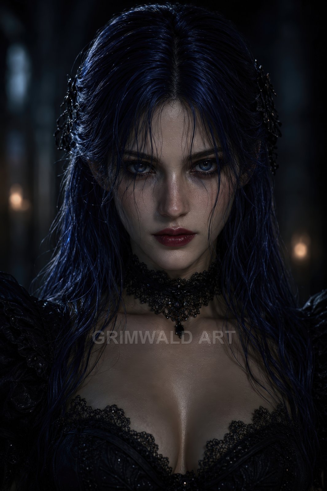 Close-up gothic portrait of a blue-haired woman in black lace dress and choker, wet hair and intense eyes, in a candlelit interior.