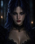 GRID THUMBNAIL — Close-up gothic portrait of a blue-haired woman in black lace dress and choker, wet hair and intense eyes, in a candlelit interior.
