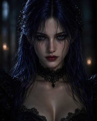 GRID THUMBNAIL — Close-up gothic portrait of a blue-haired woman in black lace dress and choker, wet hair and intense eyes, in a candlelit interior.